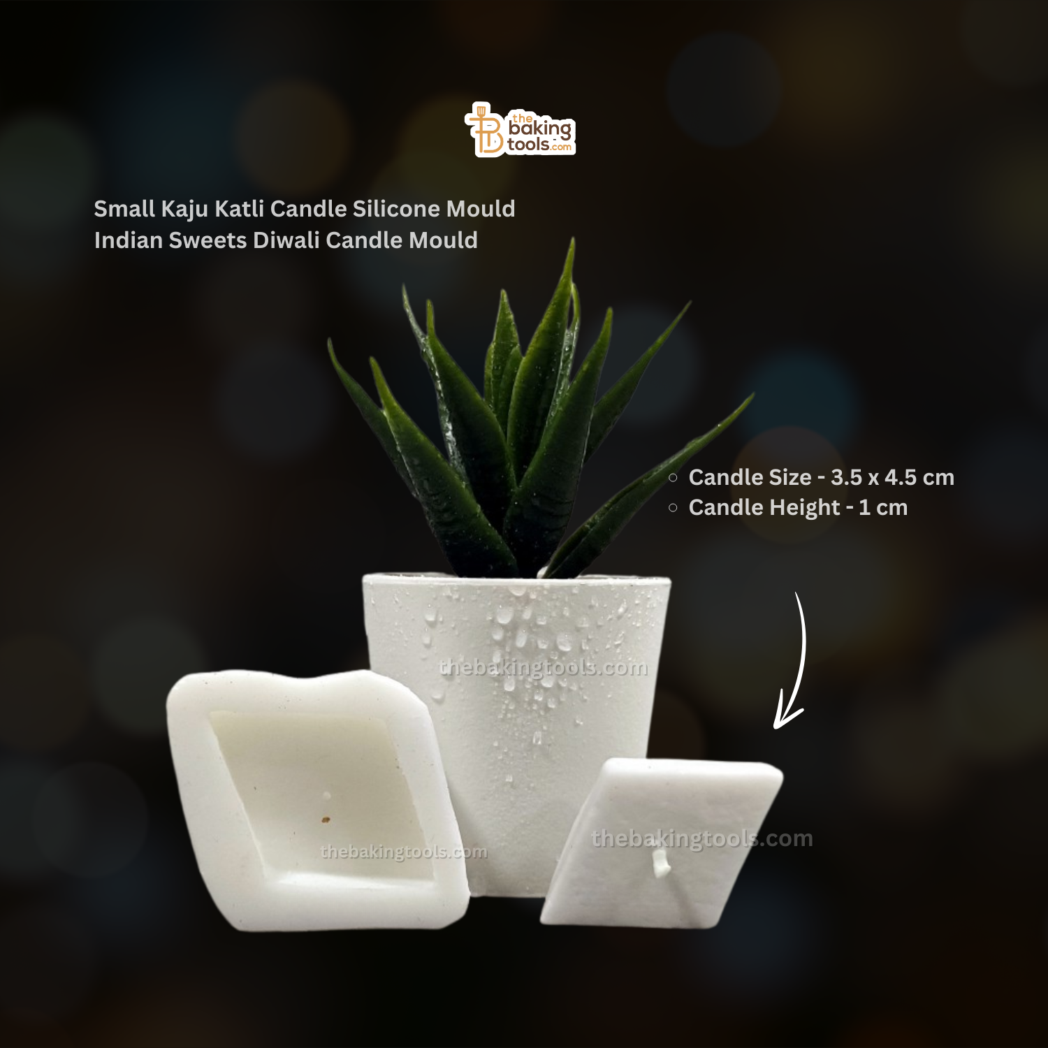 Small Kaju Katli Candle Silicone Mould Indian Sweets Diwali Candle Mould _ the baking tools ( its an image of Small Kaju Candle Mould and its out come with a little a finishing result Small Kaju Candle with its dimensions mentioned)