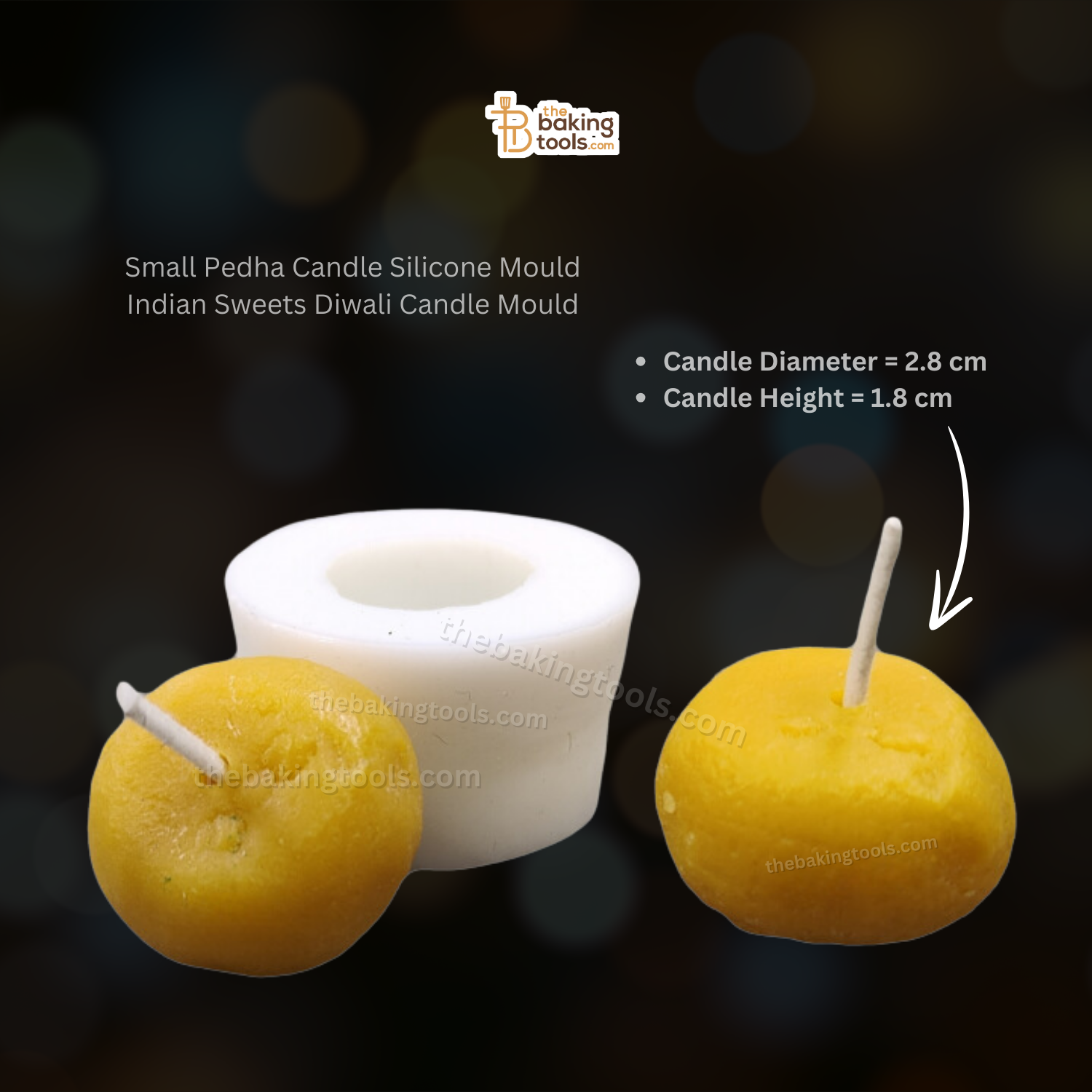 Small Pedha Candle Silicone Mould Indian Sweets Diwali Candle Mould _ the baking tools (It's an image showing the small peda candle mould and small peda candle of how will the finished product will look with it's dimension mentioned)