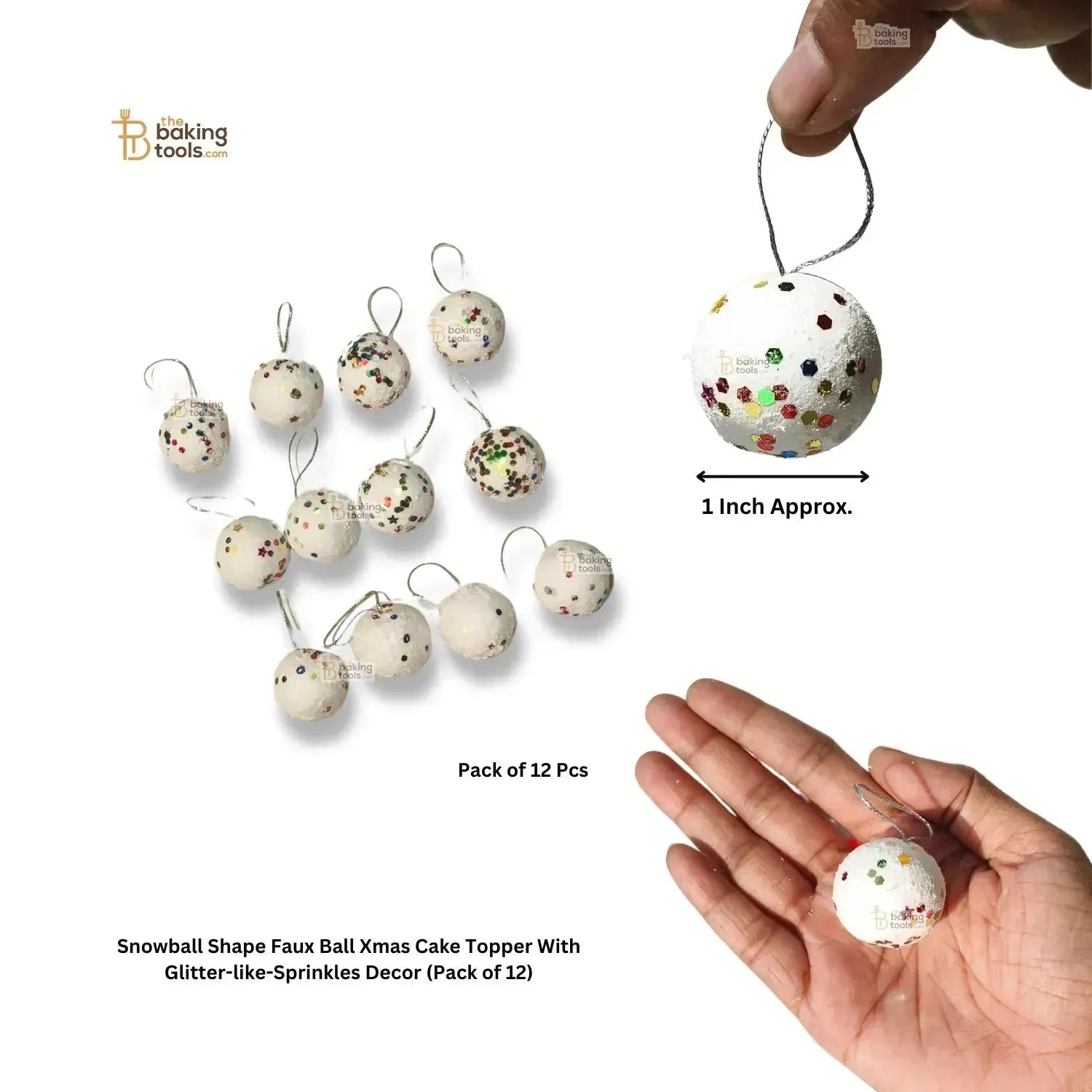 12 Pcs Faux Snowball Cake Topper With Glitter Christmas Tree Hanging Ornament Decoration - thebakingtools.com