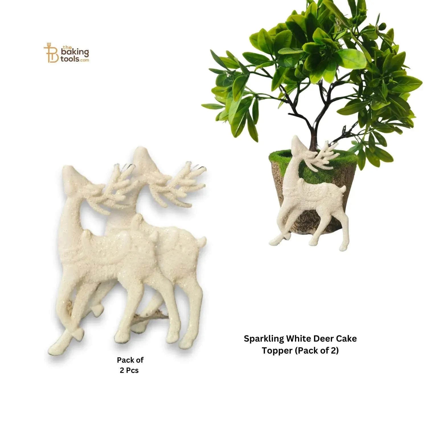 2 Pcs Sparkling White Deer Cake Topper Christmas Tree Hanging Ornament Decoration - thebakingtools.com