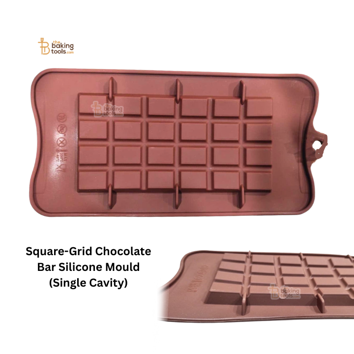 Square-grid chocolate bar silicone mould on a white background