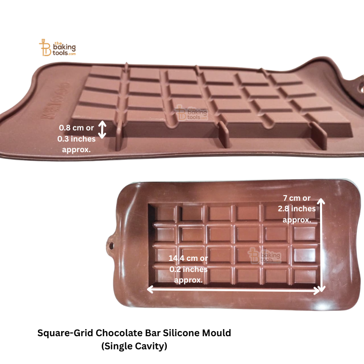 Square-grid chocolate bar silicone mould with dimensions indicated on a white background
