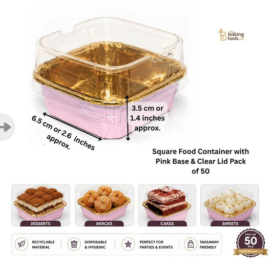 Square Food Container with Pink Base & Clear Lid Pack of 50 with dimensions