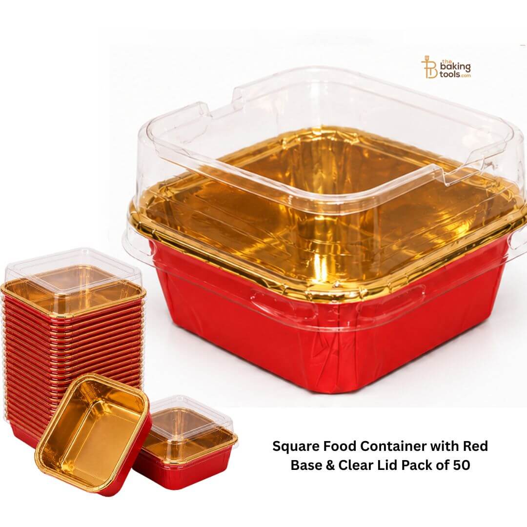 Square Food Container with Red Base & Clear Lid Pack of 50 _ The baking Tools
