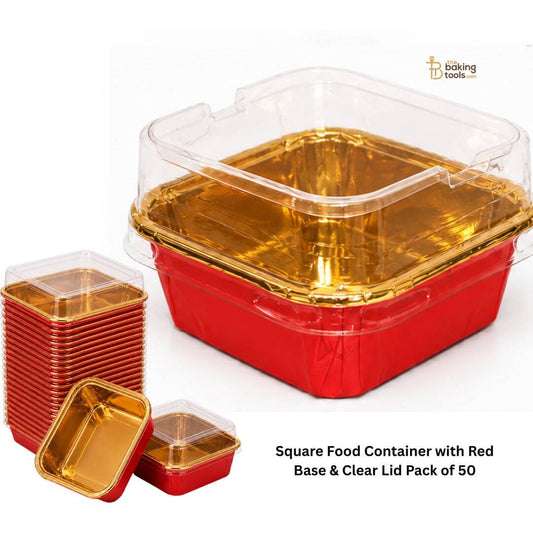Square Food Container with Red Base & Clear Lid Pack of 50 _ The baking Tools