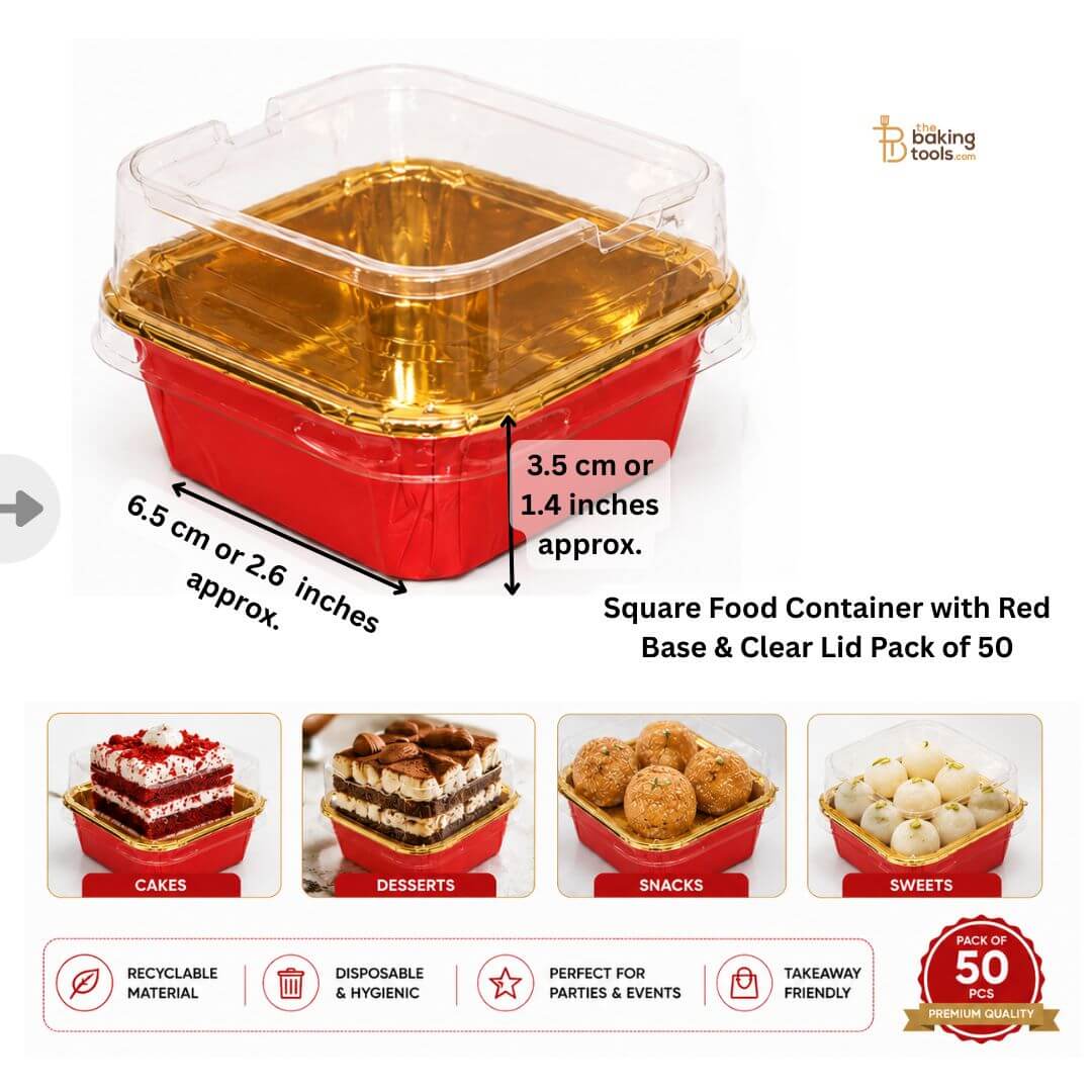 Square Food Container with Red Base & Clear Lid Pack of 50 with dimensions