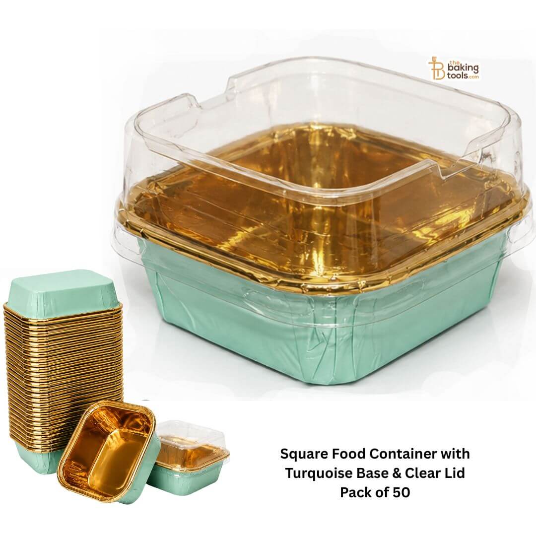 Turquoise Square Aluminum Foil Baking Container with Transparent Lid - 150ml