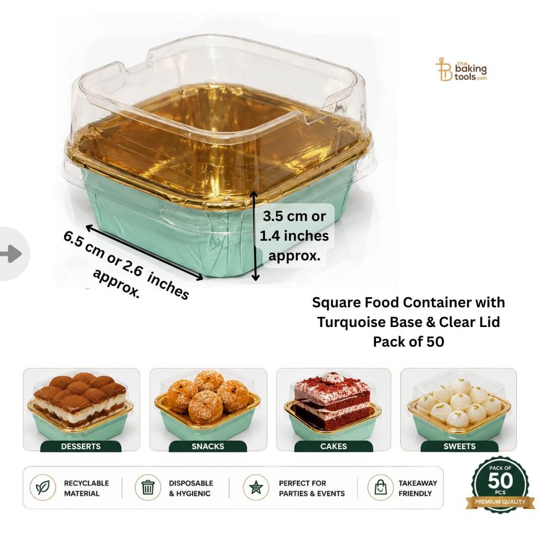 Turquoise Square Aluminum Foil Baking Container with Transparent Lid - 150ml