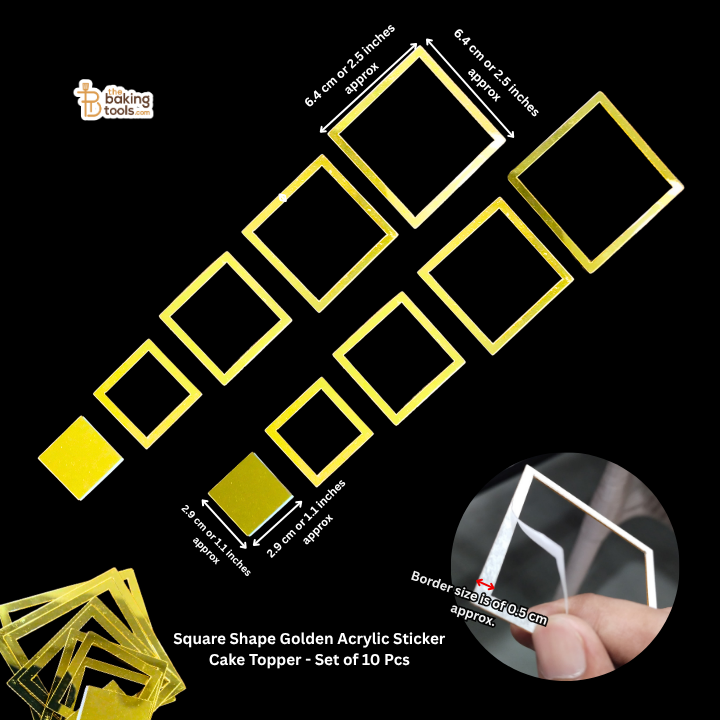 Square Shape Golden Acrylic Sticker Cake Topper - Set of 10 Pcs