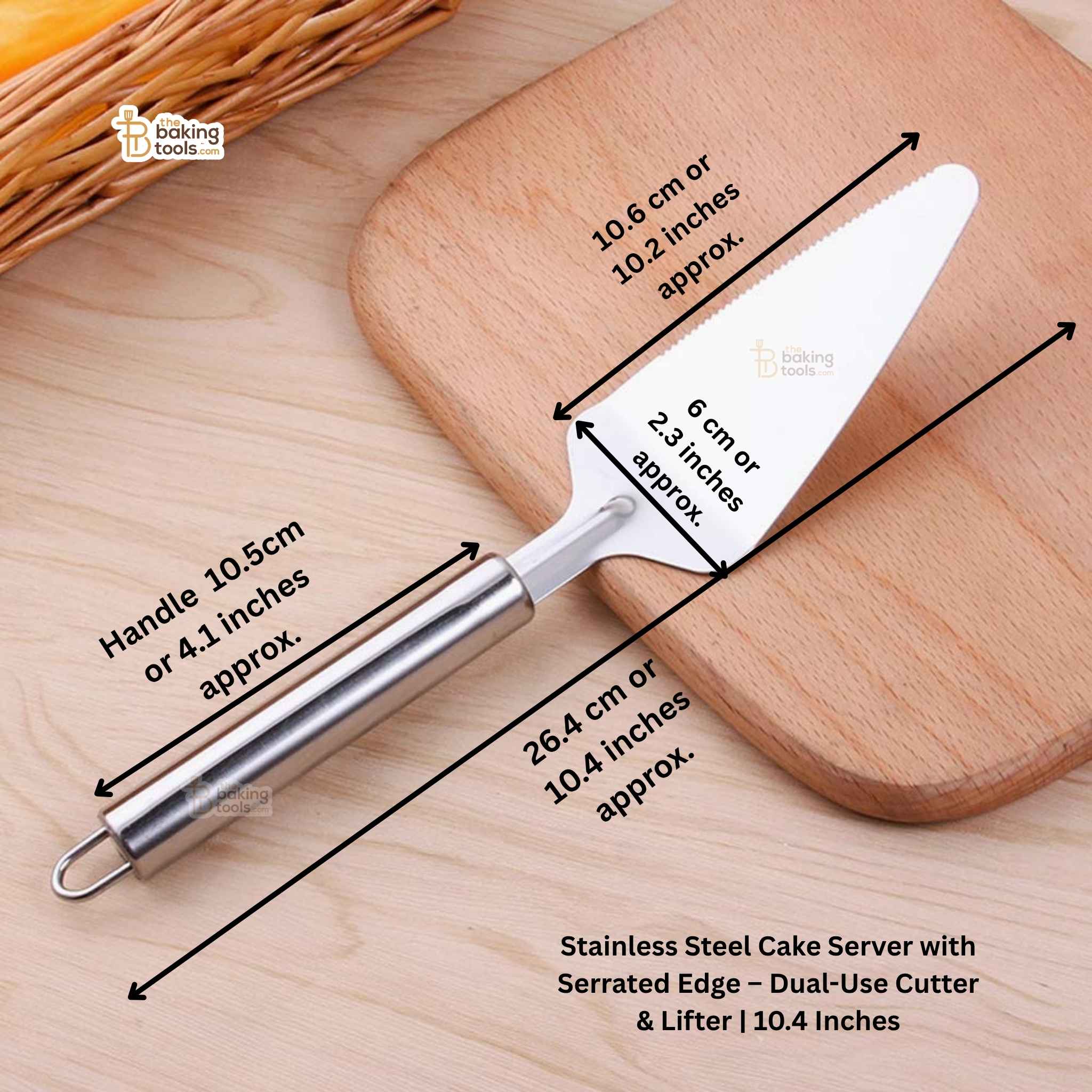 Stainless Steel Cake Server with Serrated Edge -Dual-Use Cutter & Lifter with dimenstons.