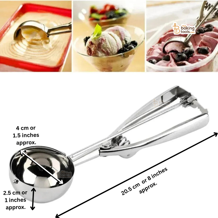 Metallic ice cream scoop with dimensions labeled, set against a white background.