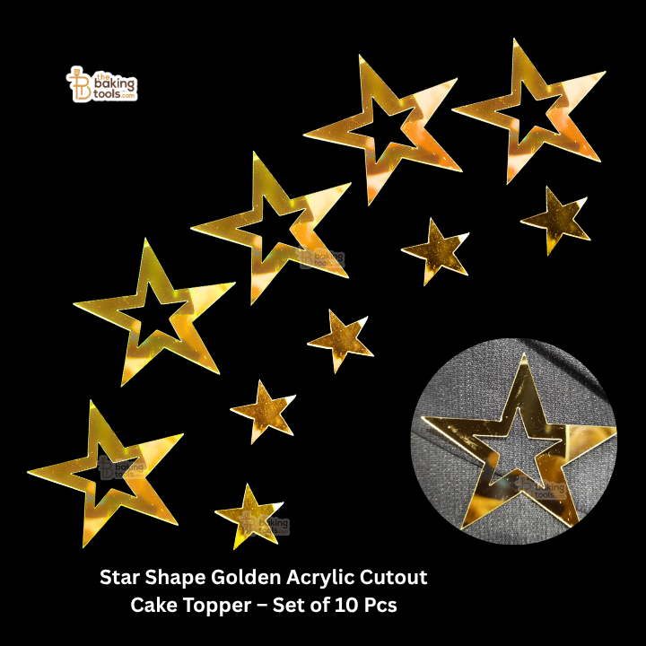 Star Shape Golden Acrylic Cutout Cake Topper – Set of 10 Pcs