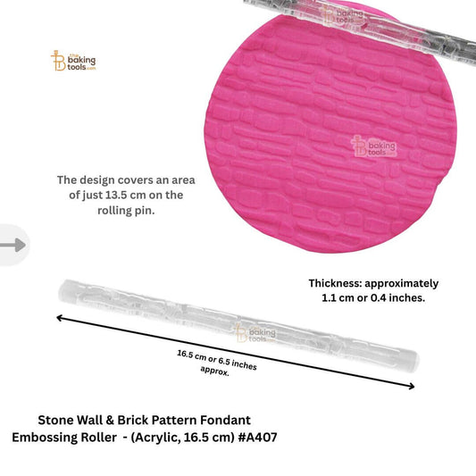 Stone Wall & Brick Pattern Fondant
Embossing Roller - (Acrylic, 16.5 cm) #A407.  The design covers an area of just 13.5 cm on the rolling pin.