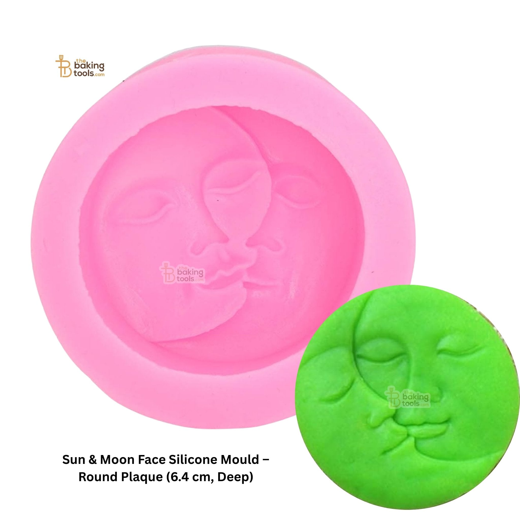 Sun and moon face silicone mould with a green impression on a white background