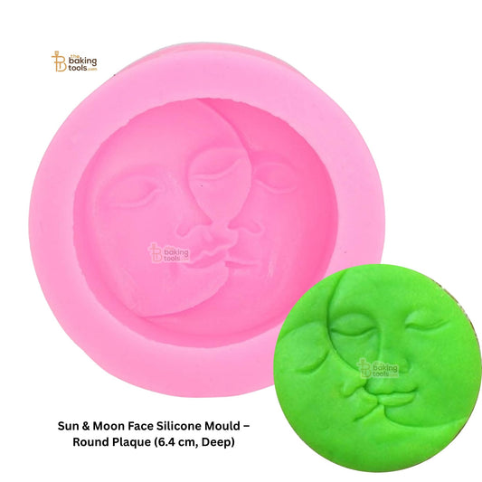 Sun and moon face silicone mould with a green impression on a white background