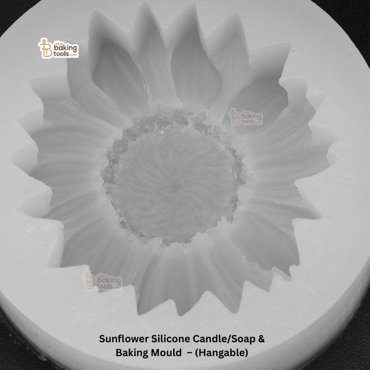 Sunflower-shaped silicone mold for candles and soap with 'Baking Tools' branding.
Sunflower silicone mould — hangable candle/soap/baking mould with built-in hole, wick-ready design. ideal for aromatherapy soap