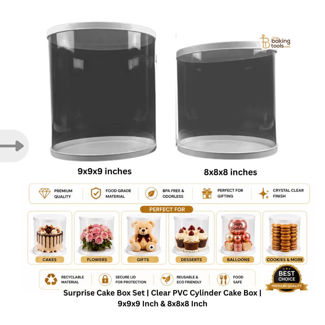 Two transparent PVC cylindrical cake boxes with dimensions 9x9x9 inches and 8x8x8 inches, the baking tools