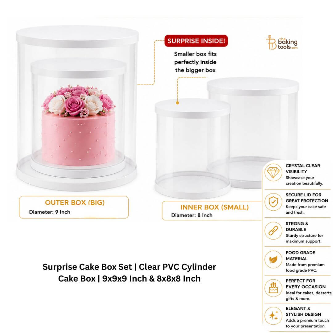 Clear PVC cylindrical cake box set with pink cake and flowers.