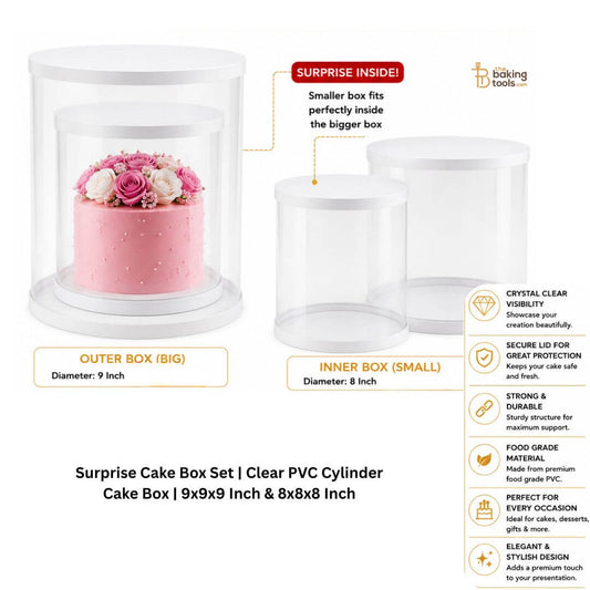Clear PVC cylindrical cake box set with pink cake and flowers.