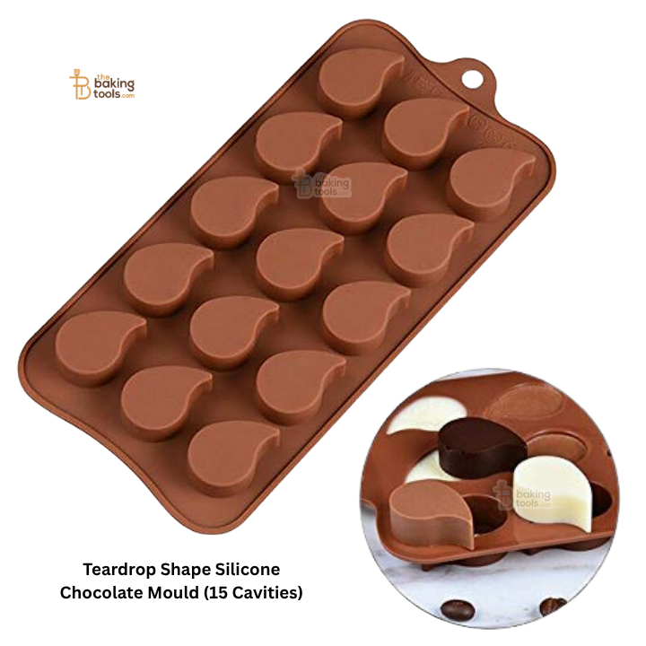 Teardrop shape silicone chocolate mould with 15 cavities on a white background