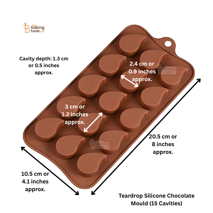 Teardrop silicone chocolate mould with dimensions labeled on a white background