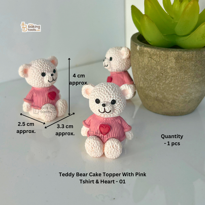 Teddy Bear Cake Topper With Pink T-shirt & Heart - 01