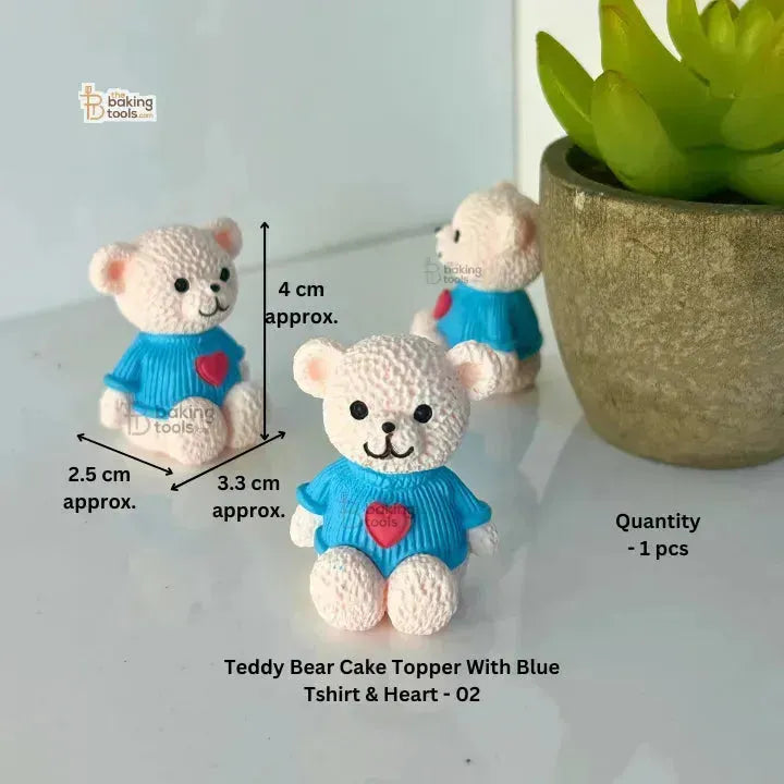 Teddy Bear Cake Topper With Blue T-shirt & Heart - 02
