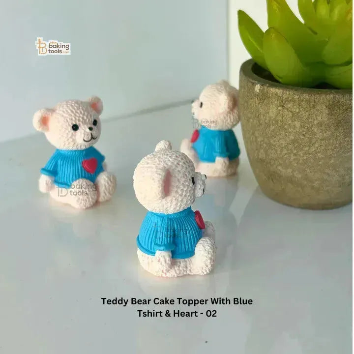 Teddy Bear Cake Topper With Blue T-shirt & Heart - 02 - thebakingtools.com