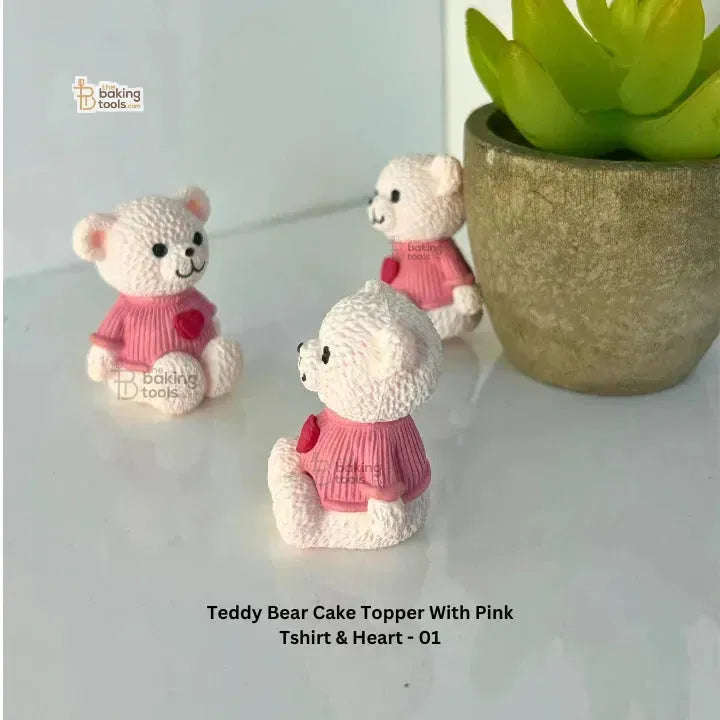 Teddy Bear Cake Topper With Pink T-shirt & Heart - 01