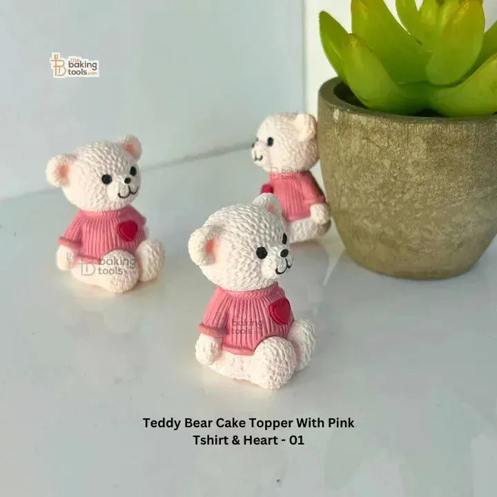 Teddy Bear Cake Topper With Pink T-shirt & Heart - 01