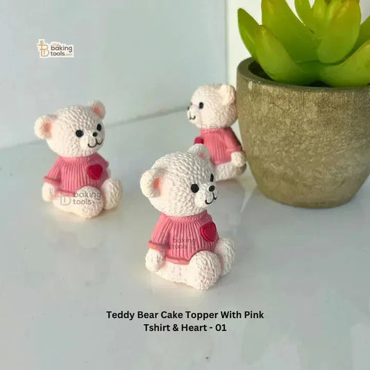 Teddy Bear Cake Topper With Pink T-shirt & Heart - 01 - thebakingtools.com