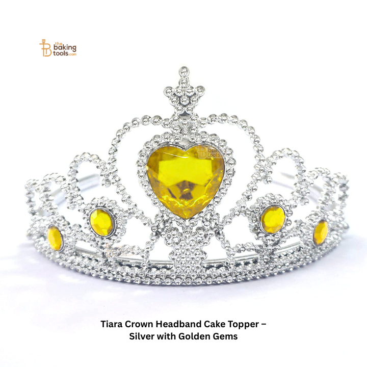 Tiara Crown Headband Cake Topper – Silver with Golden/Yellow Gems