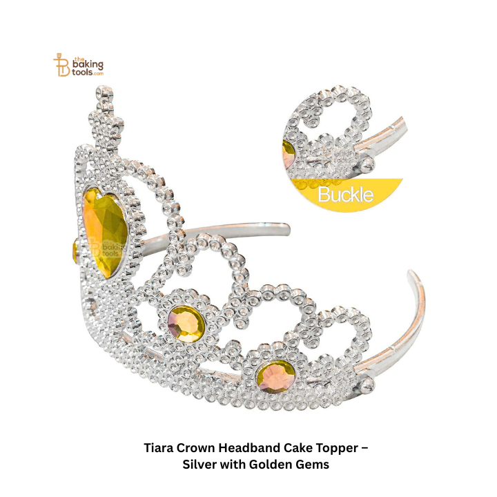 Tiara Crown Headband Cake Topper – Silver with Golden/Yellow Gems