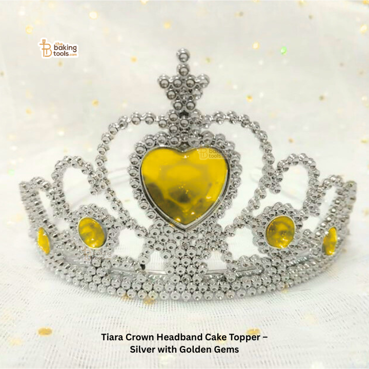 Tiara Crown Headband Cake Topper – Silver with Golden/Yellow Gems