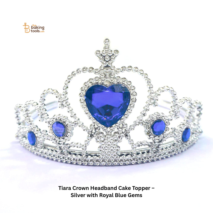 Tiara Crown Headband Cake Topper – Silver with Royal Blue Gems