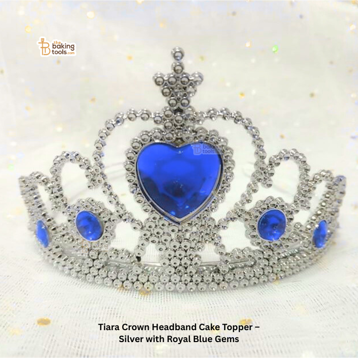 Tiara Crown Headband Cake Topper – Silver with Royal Blue Gems