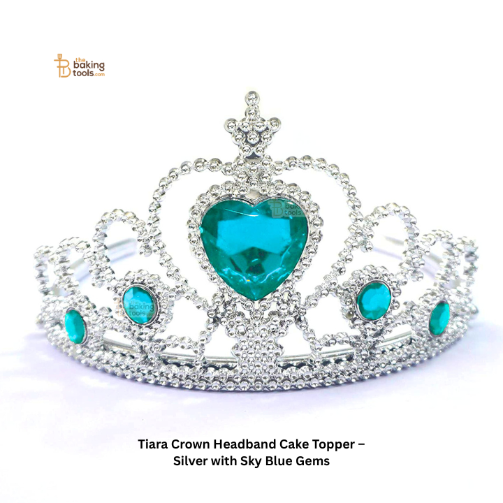 Tiara Crown Headband Cake Topper – Silver with Sky Blue Gems