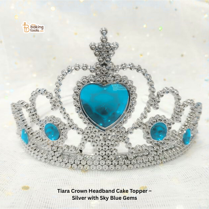 Tiara Crown Headband Cake Topper – Silver with Sky Blue Gems