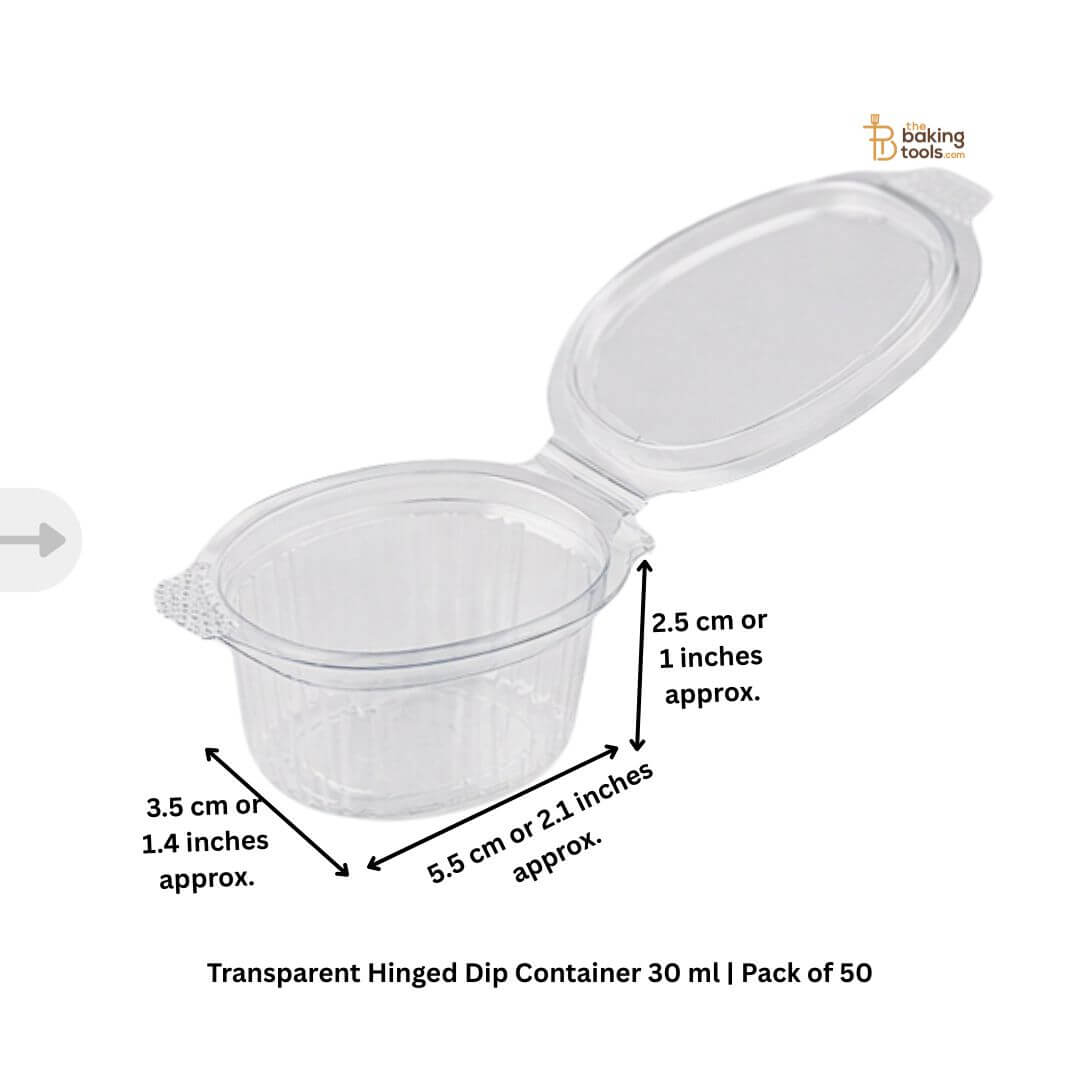 Transparent Hinged Dip Container 30 ml | Pack of 50 with dimensions