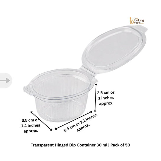 Transparent Hinged Dip Container 30 ml | Pack of 50 with dimensions