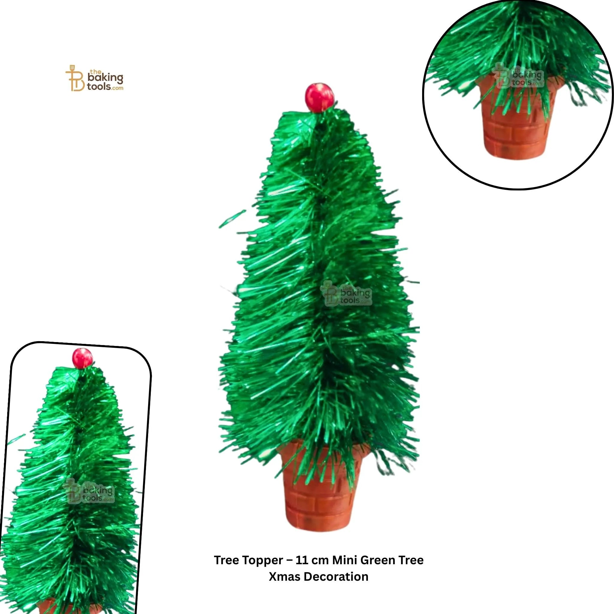 Tree Topper 11 cm Mini Green Tree Xmas Decoration, Green tinsel Christmas tree decoration with a potted plant base. - The Baking Tools