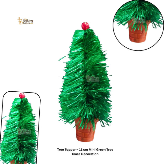 Tree Topper 11 cm Mini Green Tree Xmas Decoration, Green tinsel Christmas tree decoration with a potted plant base. - The Baking Tools