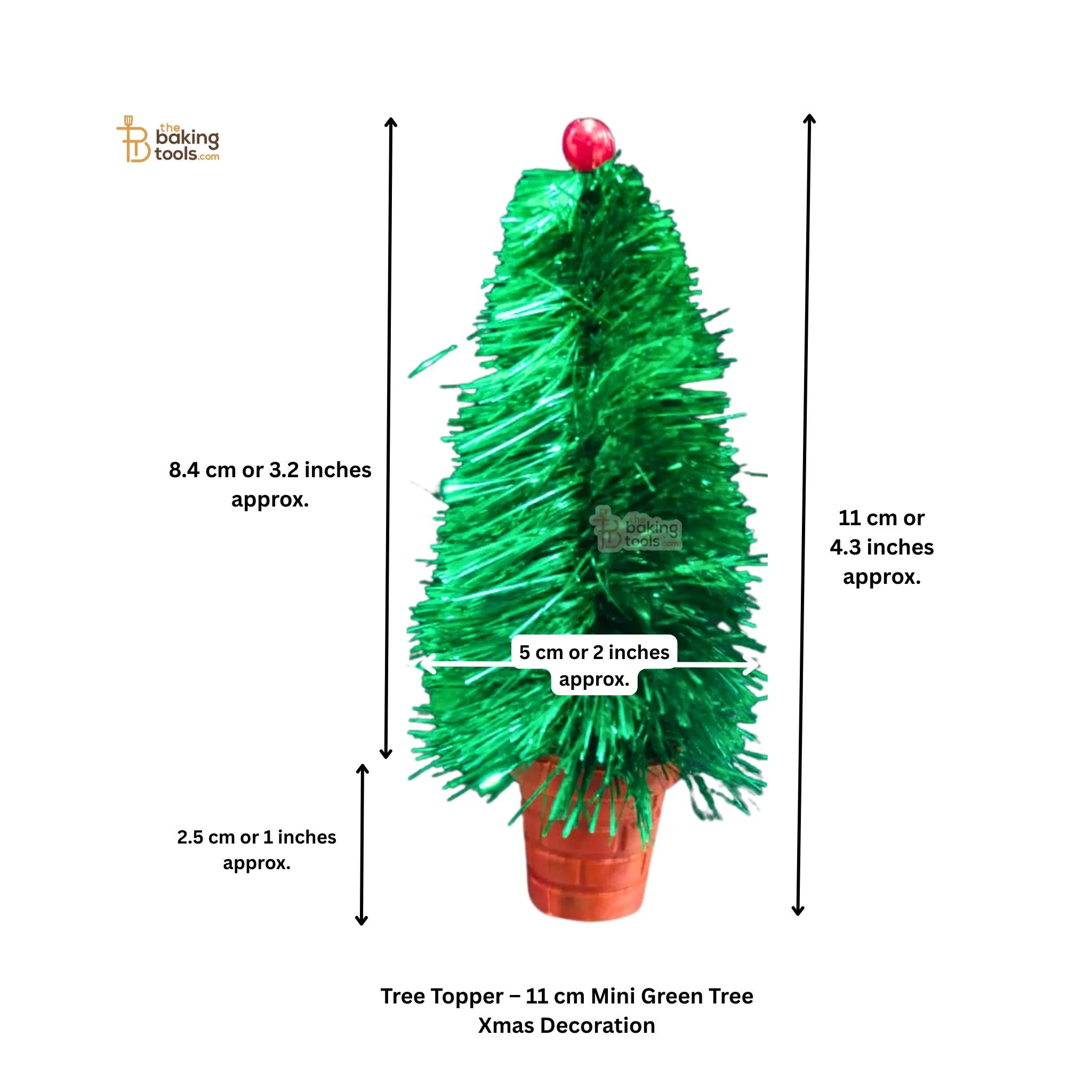 Tree Topper 11 cm Mini Green Tree Xmas Decoration. Green tinsel Christmas tree with measurements on a white background