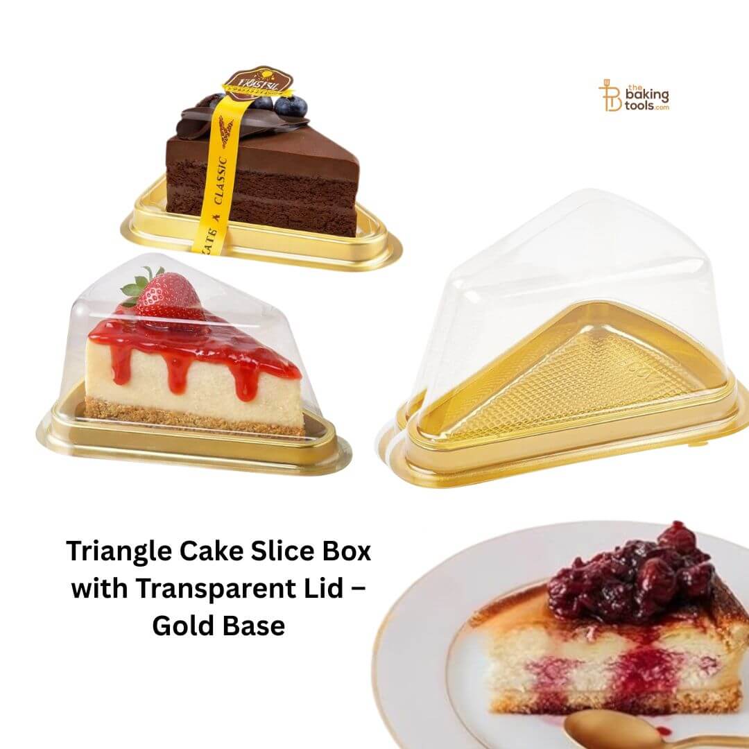 Triangle Cake Cheese Cake Slice Box with Transparent Lid – Gold Base | (Pack of 25)