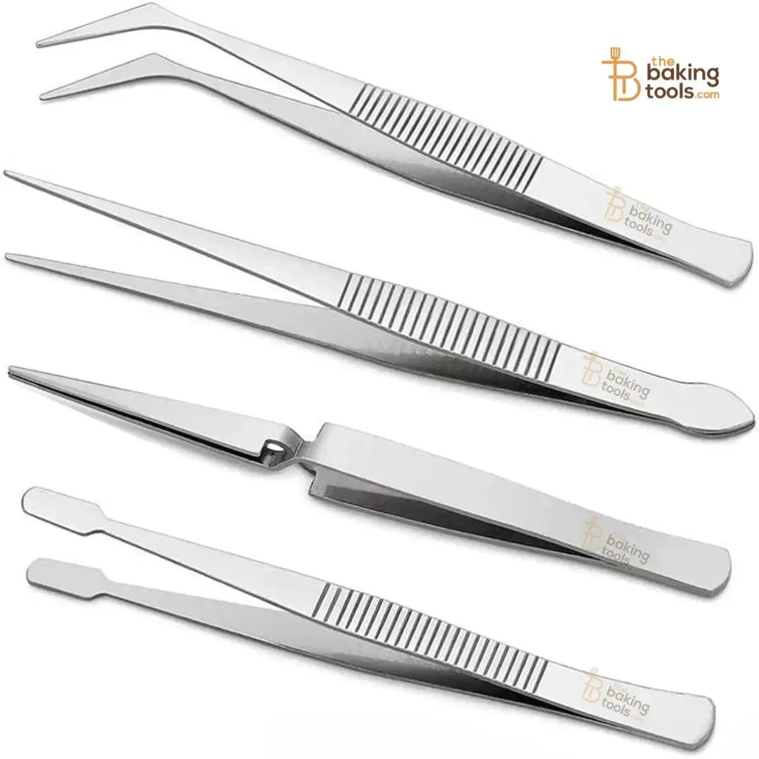 Tweezers Set 4-Piece | Professional Stainless Steel Self-Locking Sugar Craft Tweezers - thebakingtools.com