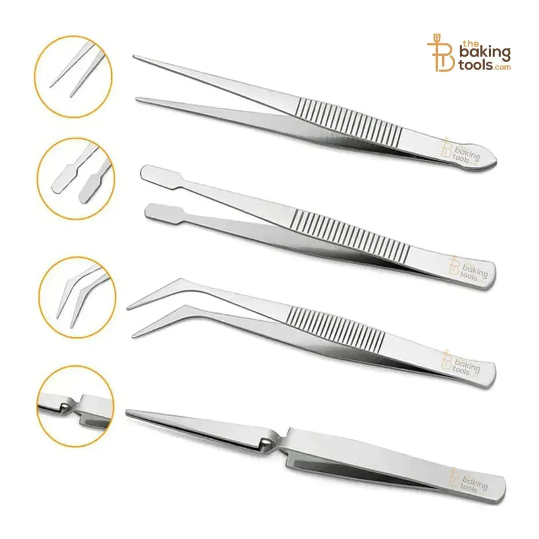 Tweezers Set 4-Piece | Professional Stainless Steel Self-Locking Sugar Craft Tweezers - thebakingtools.com