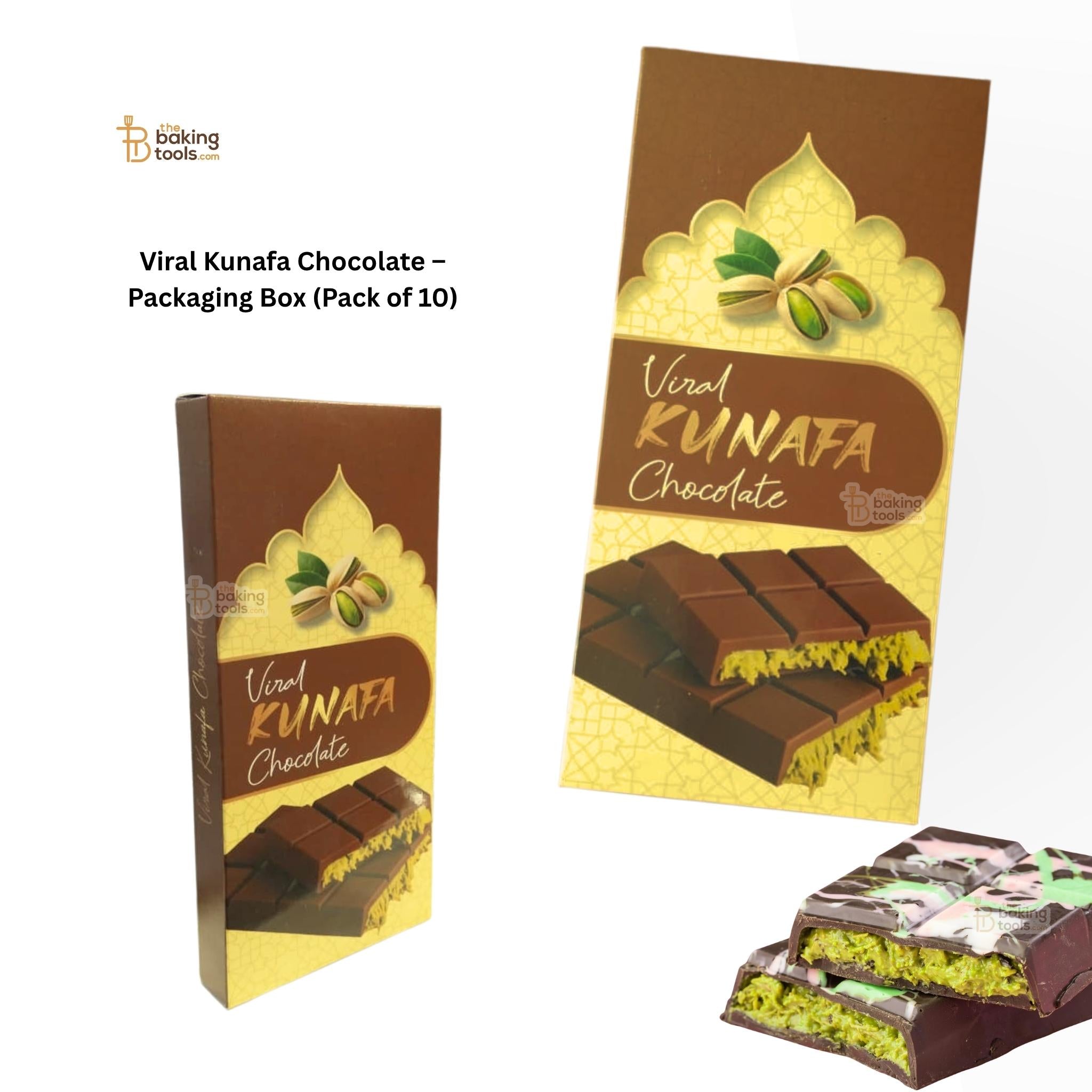 Viral Kunafa Chocolate packaging box with a close-up of the product on a white background