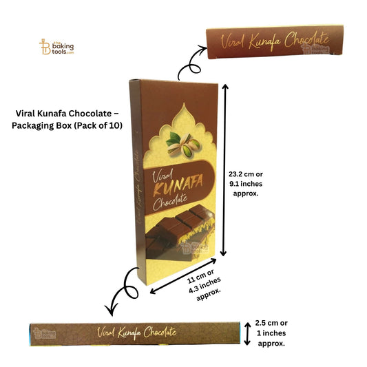 Viral Kunafa Chocolate packaging box with dimensions on a white background
