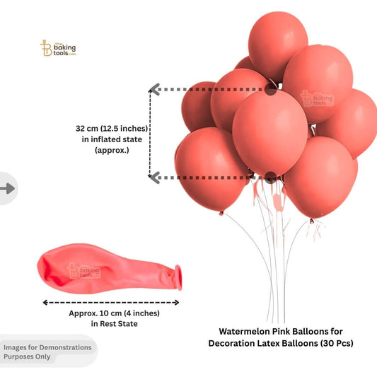 Watermelon Pink balloons for decoration with size measurement. 
Inflated state: 32 cm (12.5 inches) 
Rest state: Approximately 10 cm (4 inches)