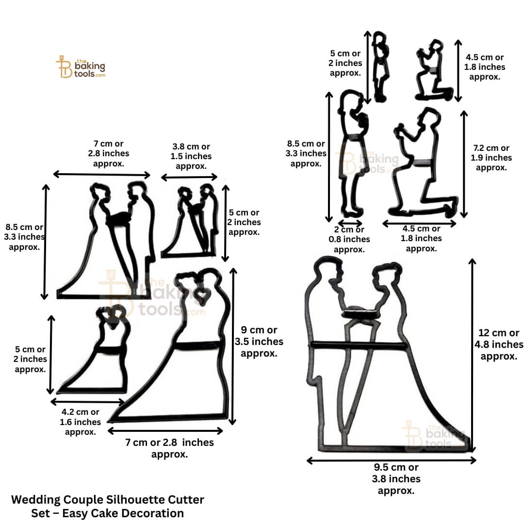 Wedding couple silhouette cutters with dimensions